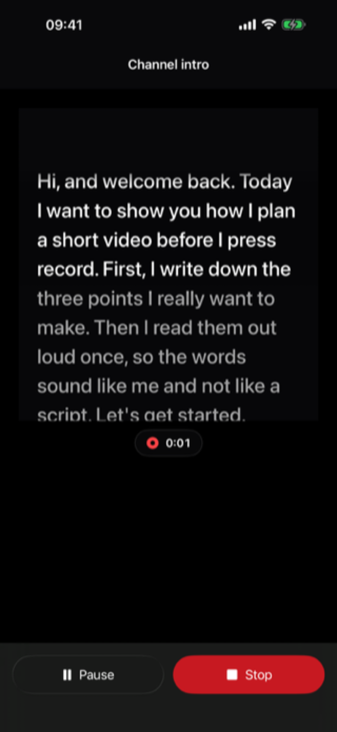 Veritake recording screen: the script scrolls with Voice Follow, pause and stop buttons below.